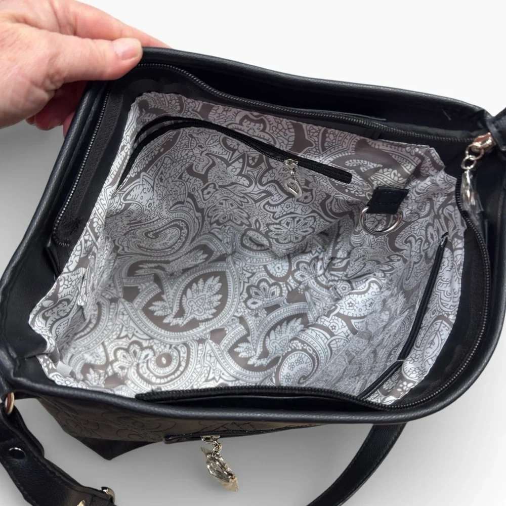 NWT Bella Russo Black Quilted Faux Leather Shoulder Bag Heart Charm Accent